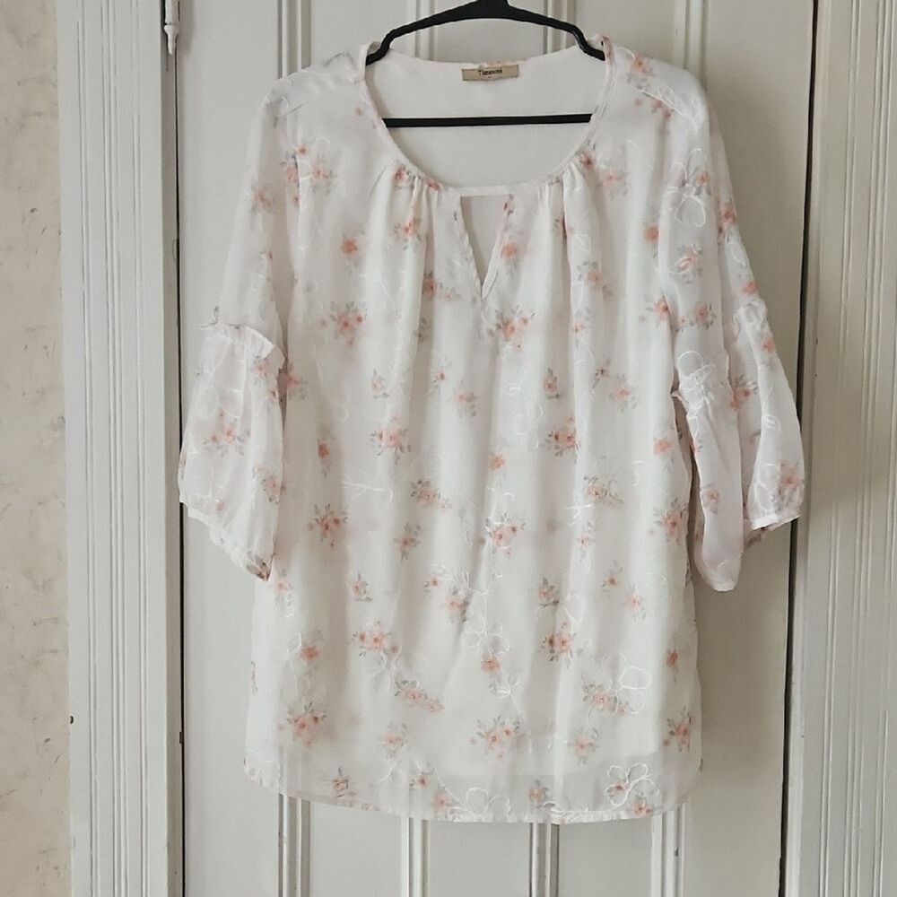 White Pink Floral 3/4 Ruffle Bell Sleeve Keyhole Neck Relaxed Blouse XL